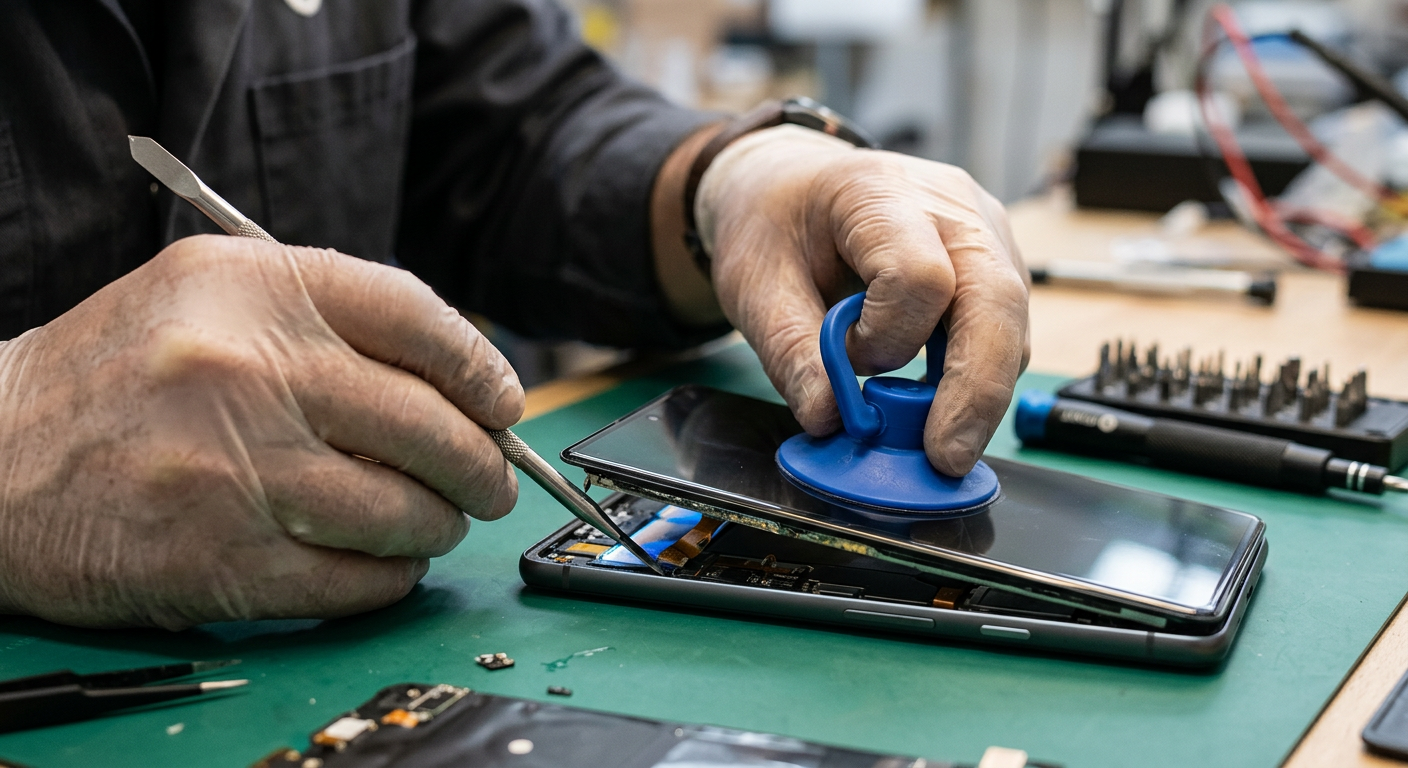 Techniker entfernt vorsichtig ein Smartphone-Display mit Saugnapf und Präzisionswerkzeug