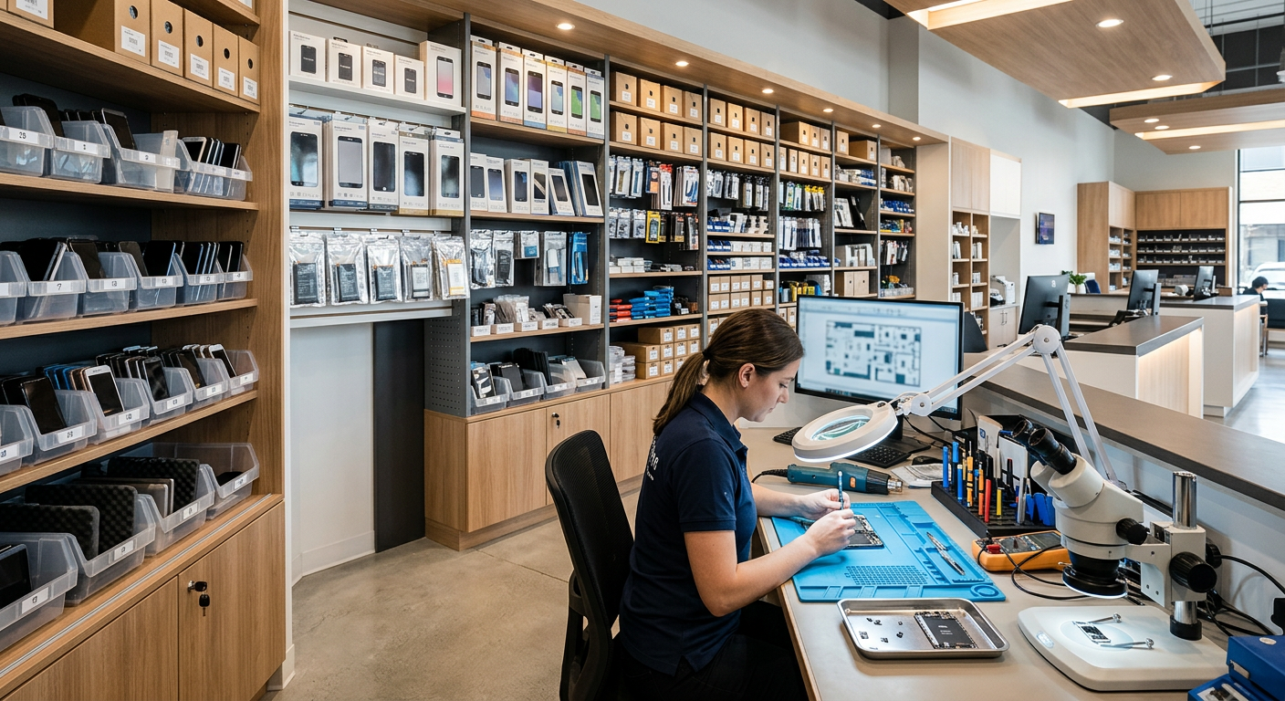 Handywerkstatt mit Ersatzteilen, Werkzeugen und Kundengeräten