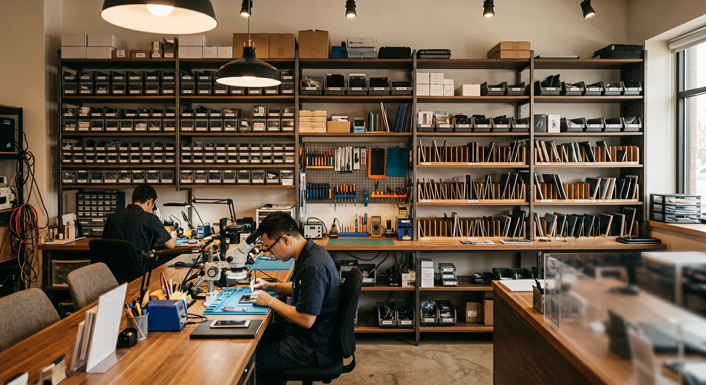 Gut organisierte Handywerkstatt mit Werkzeugen und Ersatzteilen