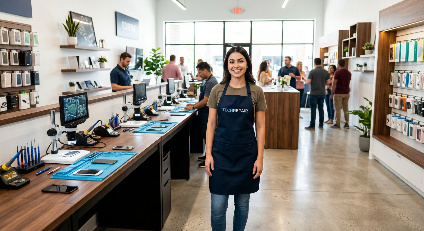 Unternehmerin eröffnet stolz eine moderne Handywerkstatt